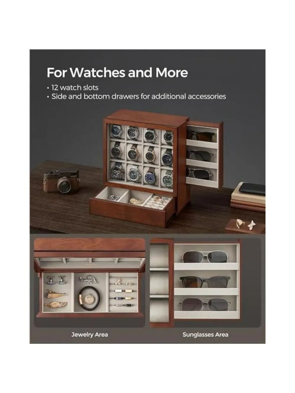 12 Slot Wood Watch Display Box Vertical Organizer with Drawer Velvet Lining